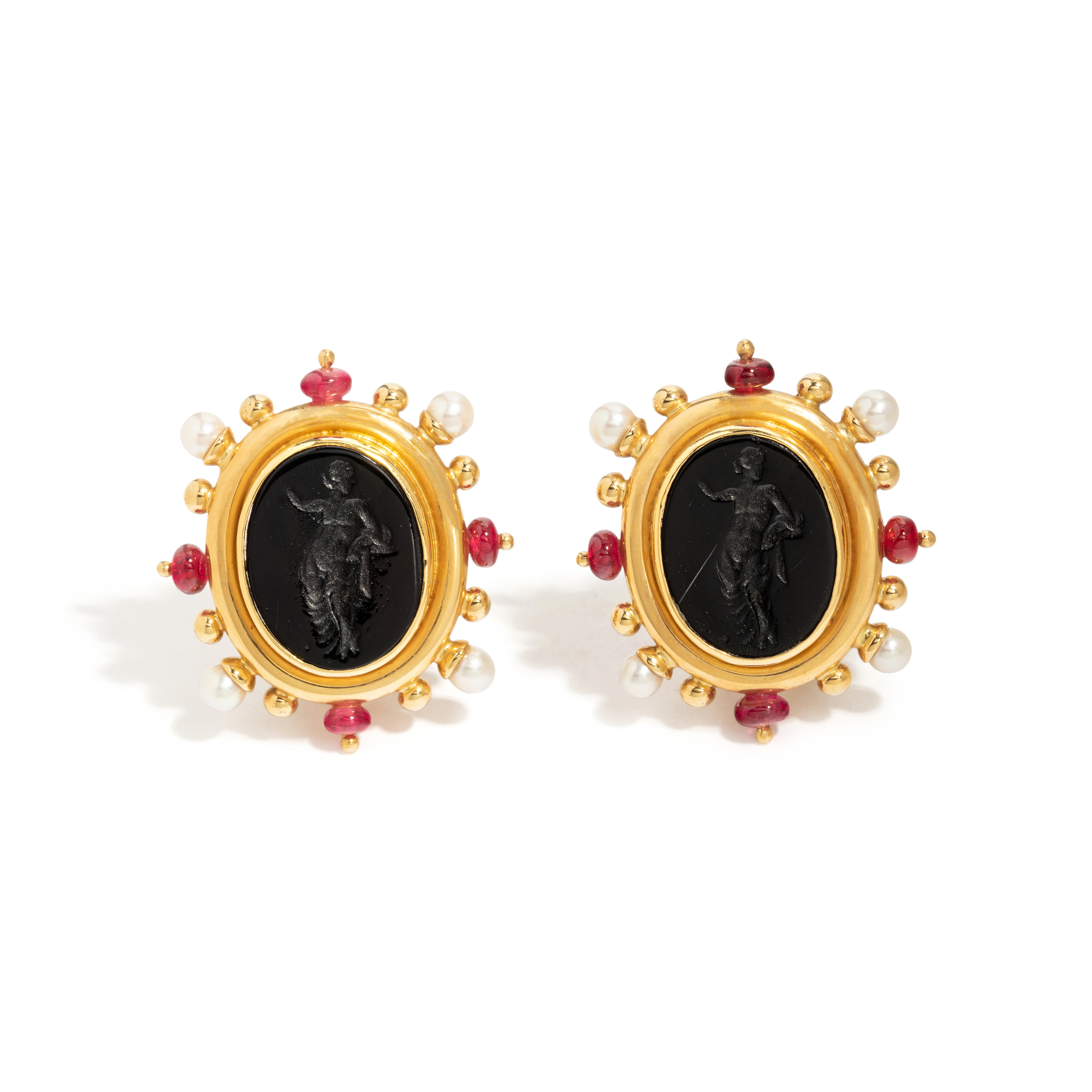 Elizabeth Locke, Yellow Gold, Cultured Pearl, Ruby and Glass Cameo Earclips