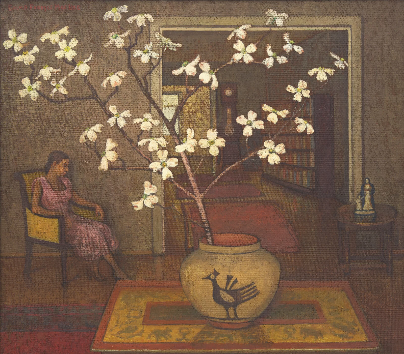 Emma Fordyce MacRae (American, 1887–1974) Dogwood in Hopi, 1954 painting featuring a potted plant in the foreground and a woman seated in an interior setting in the background