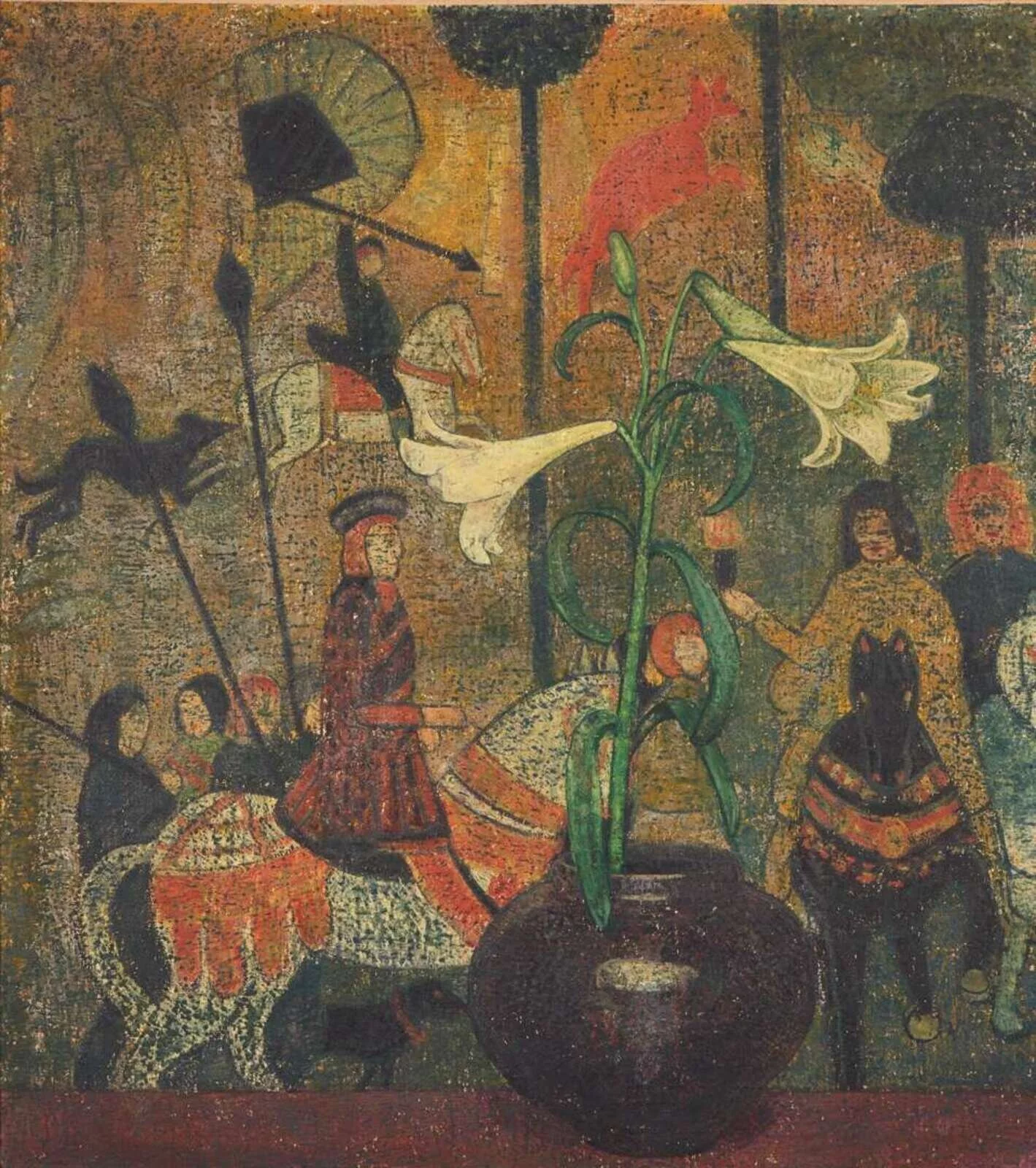 Emma Fordyce MacRae (American, 1887-1974) - Easter Lilies a painting featuring a small figurine and patterned wall paper