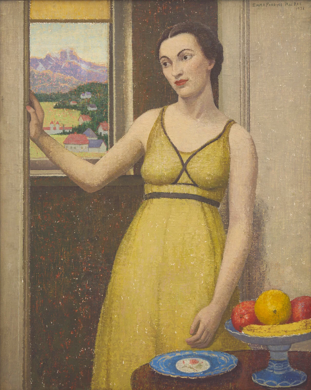 Emma Fordyce MacRae (American, 1887–1974) Dogwood in Hopi, 1954 painting featuring a potted plant in the foreground and a woman seated in an interior setting in the background