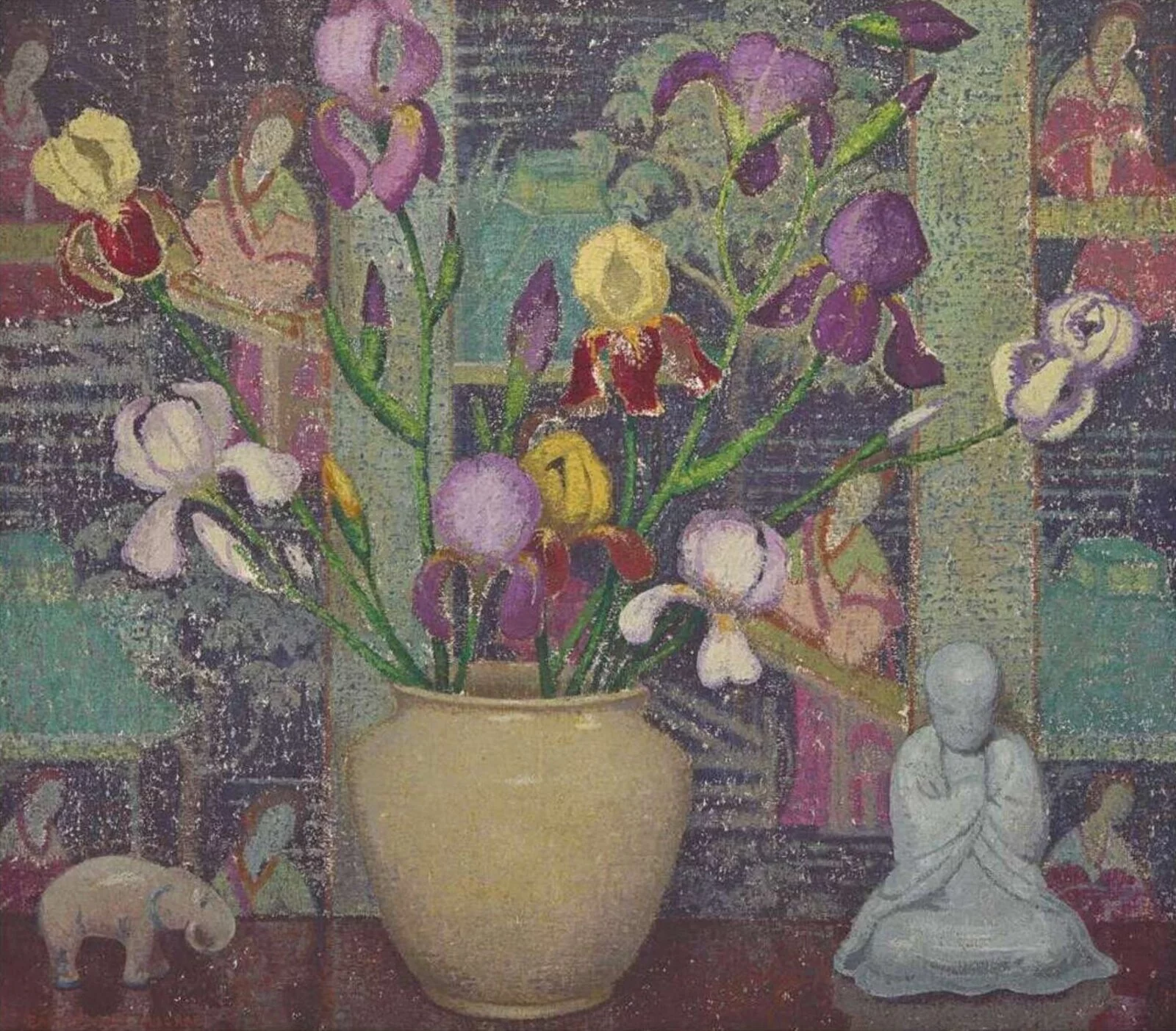 Emma Fordyce MacRae Emma Fordyce MacRae (American, 1887-1974) Iris Decoration a painting featuring a floral arraignment and small sculptures including an elephant and buddha