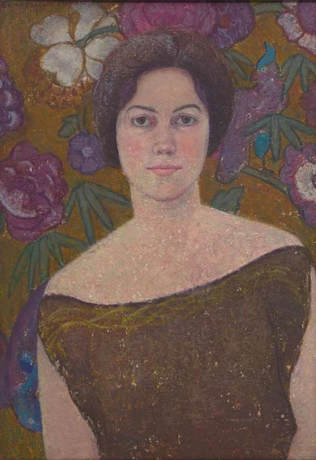 Self-Portrait in Brown (1925), sold at Freeman’s Hindman for $21,420 in 2022. painting of a woman with dark brown hair