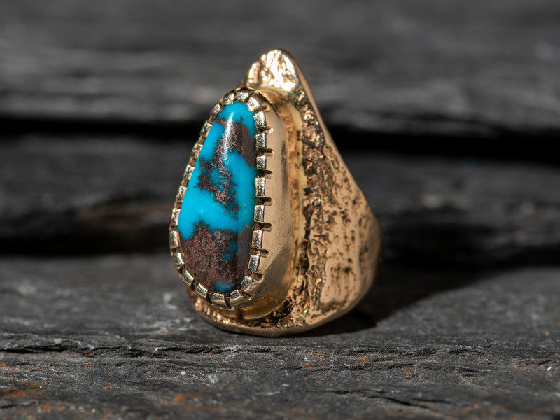 Bisbee Turquoise and 14K Gold Tufa Cast Shield Ring Lot 33