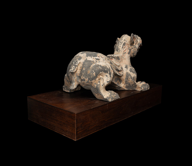 An Unusual Chinese Painted Grey Pottery Mythical Beast Stand