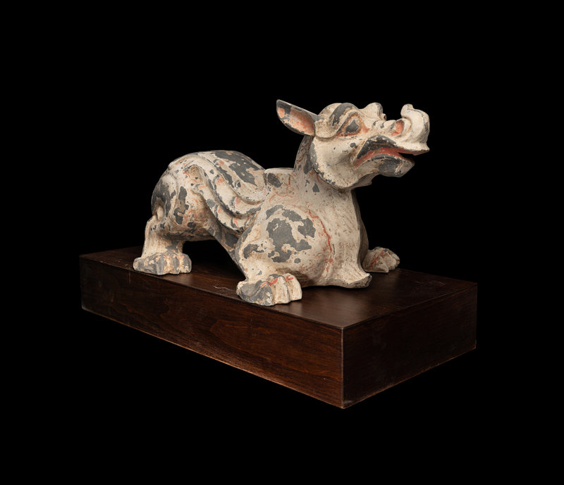 An Unusual Chinese Painted Grey Pottery Mythical Beast Stand