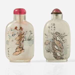 中国 鼻煙壷 硝子色絵 二件 木製 まとめて g211024_01.jpg