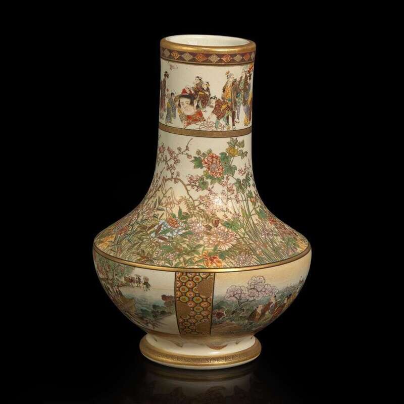 萨摩烧 A finely-decorated Satsuma-type vase, Okamoto Ryozan 日本