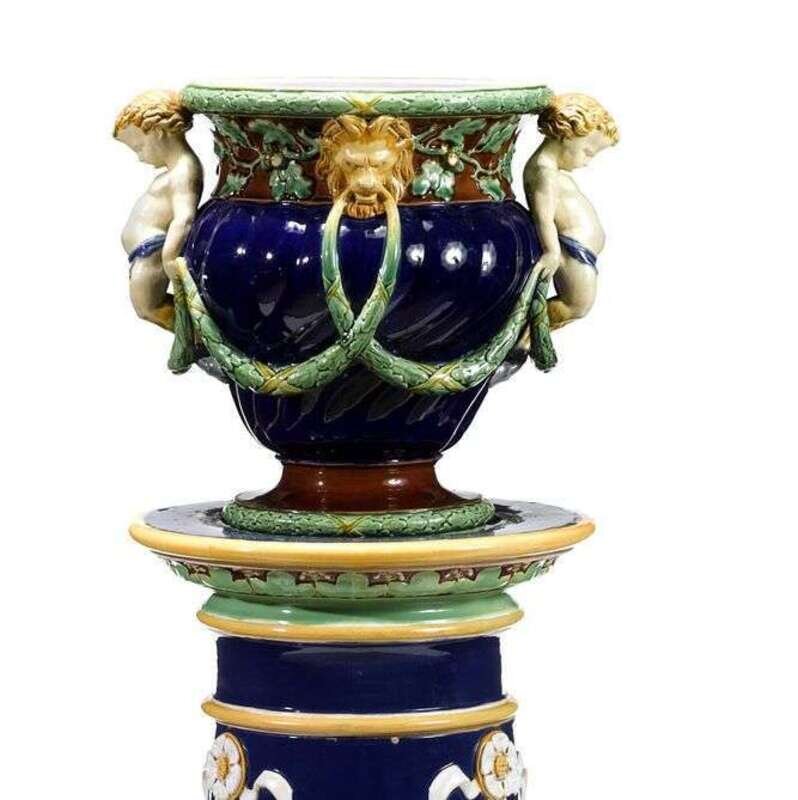 Large Minton majolica figural jardiniere stamped minton 1018 Lot 172
