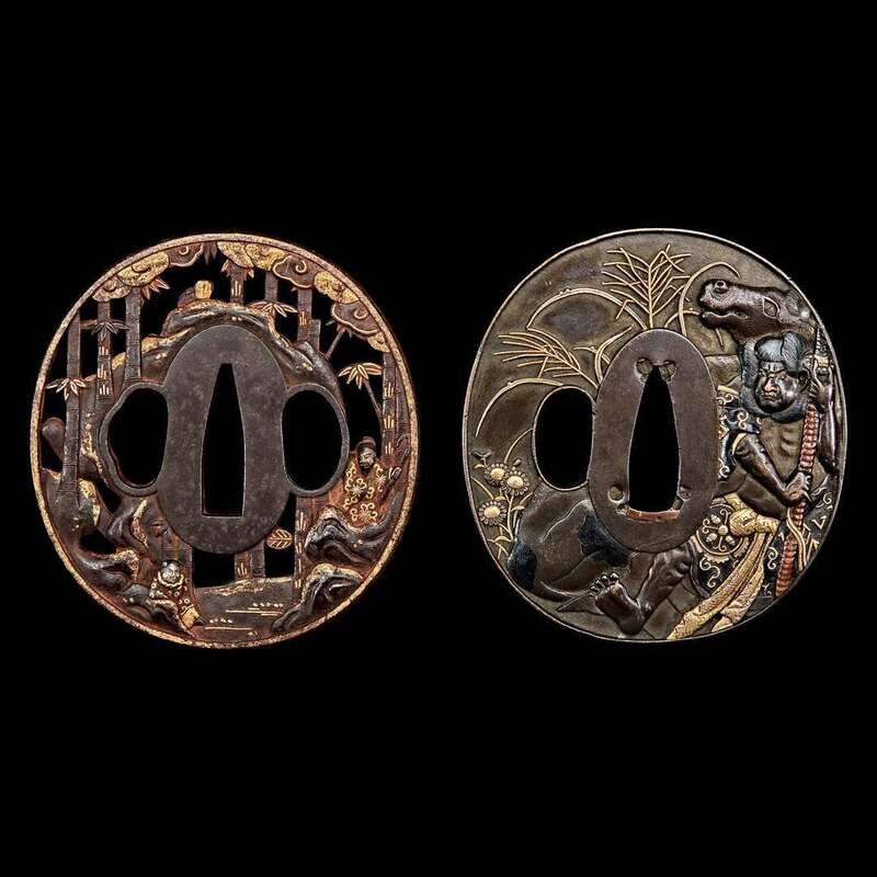 A Japanese gold-inlaid iron tsuba and a mixed-metal tsuba