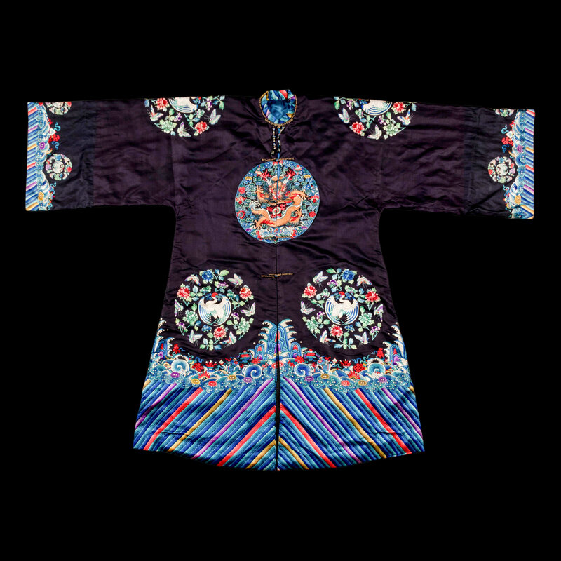 A Chinese Navy Satin Ground Embroidered Silk 'Dragon and