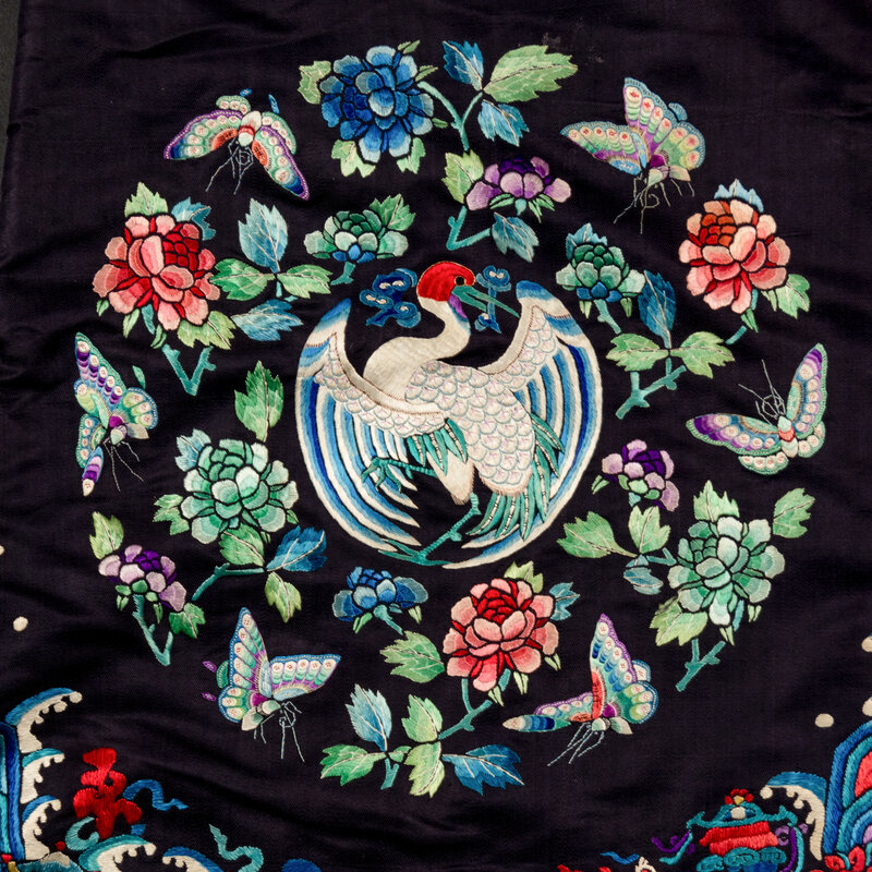 A Chinese Navy Satin Ground Embroidered Silk 'Dragon and