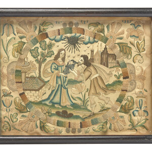 A Charles II Stumpwork Embroidery Panel Depicting Rebecca at the Well