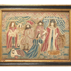 A Charles II Stumpwork Embroidery Panel Depicting the Judgment of Solomon