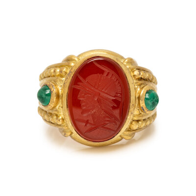 JUDITH RIPKA, YELLOW GOLD, CARNELIAN AND EMERALD INTAGLIO RING Lot 31