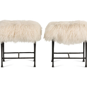 A Pair of Christian Liaigre Sheepskin Upholstered Patinated Bronze Sud Stools