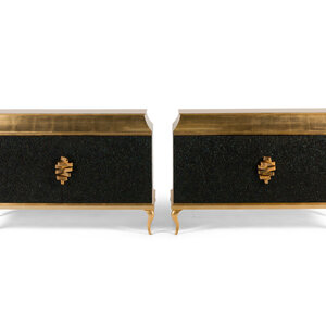 A Pair of Custom Koket Gilt Metal Mounted and Peacock Feather-Inset Giltwood Divine Cabinets