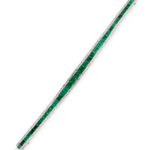 JANESICH, ART DECO, FRENCH, EMERALD AND DIAMOND LINE BRACELET