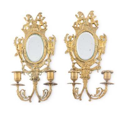 A Pair Of French Brass And Mirror-Inset Two-Light Sconces Lot 1009