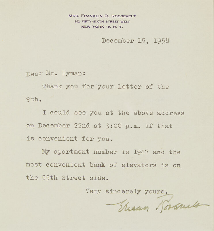 [Presidential] Roosevelt, Eleanor. Typed Letter, signed, and Signed ...