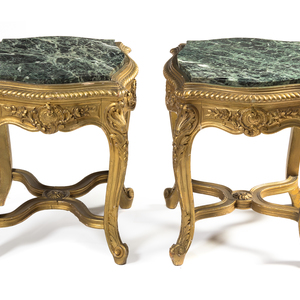 A Pair of Louis XV Style Giltwood Low Pedestals Height 19 inches.